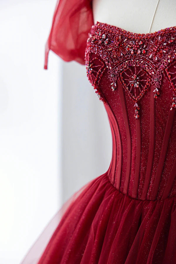 Burgundy Tulle Beaded Long Prom Dress A-Line Short Sleeve Evening Dress