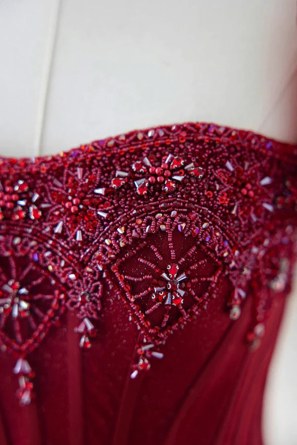 Burgundy Tulle Beaded Long Prom Dress A-Line Short Sleeve Evening Dress