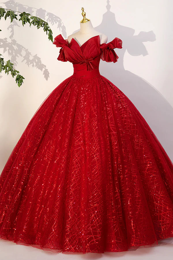 Red Tulle Sequins Long Formal Dress Off the Shoulder Evening Dress