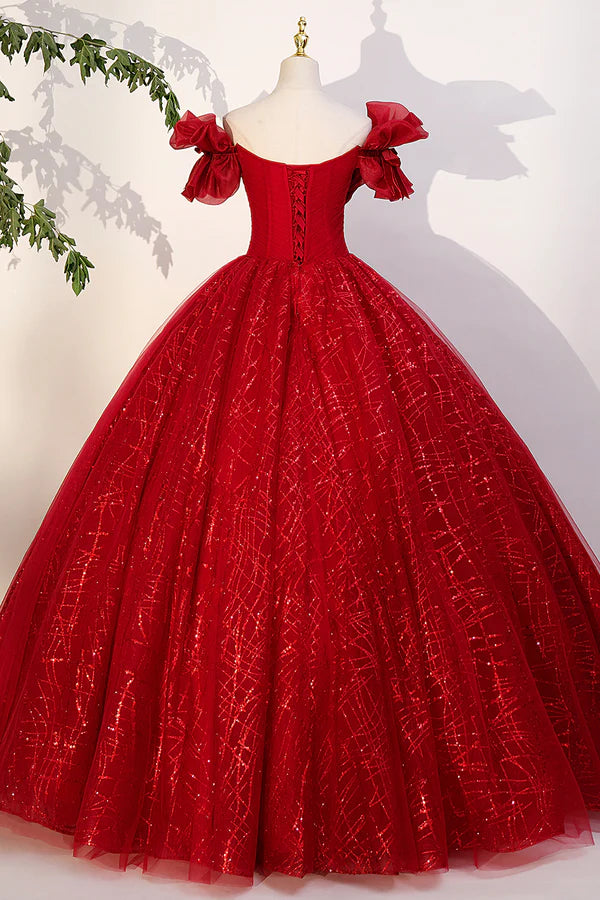 Red Tulle Sequins Long Formal Dress Off the Shoulder Evening Dress
