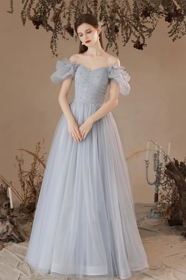 Gray Tulle Long A-Line Prom Dress Off the Shoulder Formal Dress