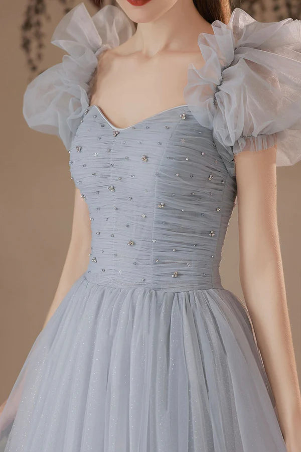 Gray Tulle Long A-Line Prom Dress Off the Shoulder Formal Dress