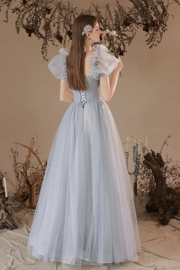 Gray Tulle Long A-Line Prom Dress Off the Shoulder Formal Dress
