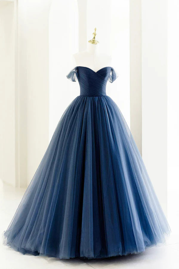 Blue Tulle Long A-Line Prom Dress Off the Shoulder Formal Evening Dress