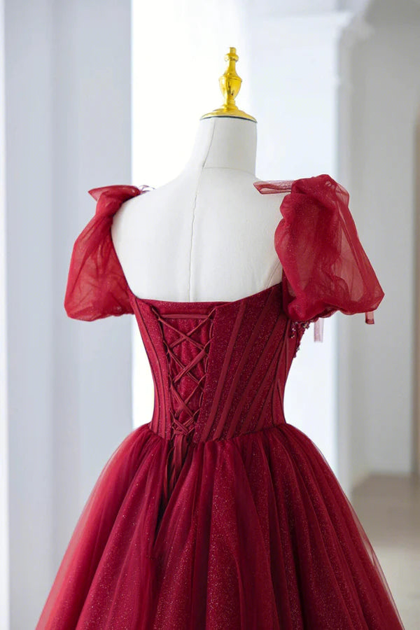 Burgundy Tulle Beaded Long Prom Dress A-Line Short Sleeve Evening Dress