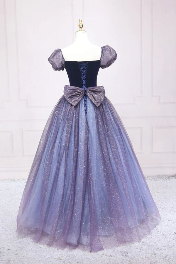 Cute Velvet Tulle Long Prom Dress A-Line Short Sleeve Graduation Dress