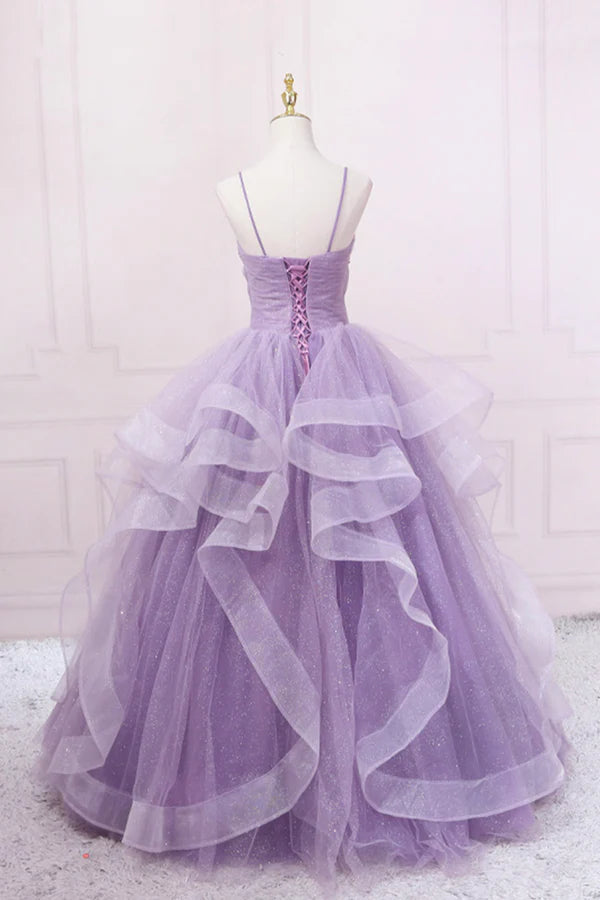 Purple V-Neck Tulle Long Prom Dress Spaghetti Straps A-Line Evening Dress