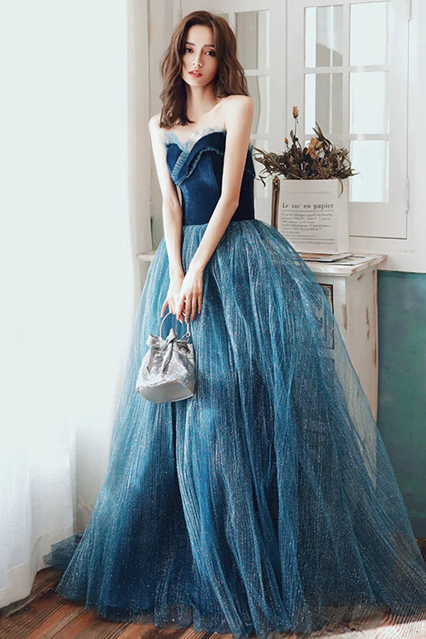 Blue Strapless Tulle Long Prom Dress A-Line Evening Party Dress