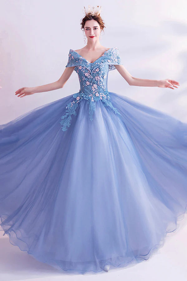 Blue Lace Off the Shoulder Prom Dress A-Line Evening Graduation Dress