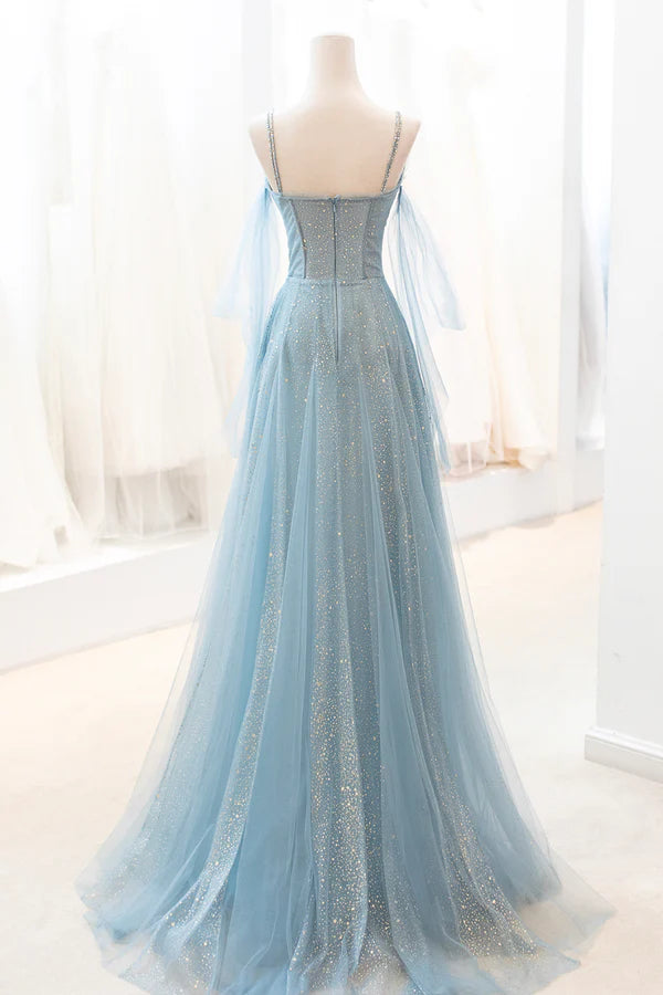 Blue V-Neck Tulle Long Prom Dress A-Line Spaghetti Strap Evening Dress