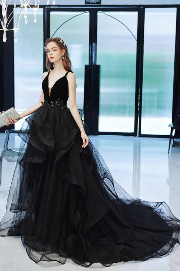 Black V-Neck Tulle Long Prom Dress Black Graduation Dress with Lace