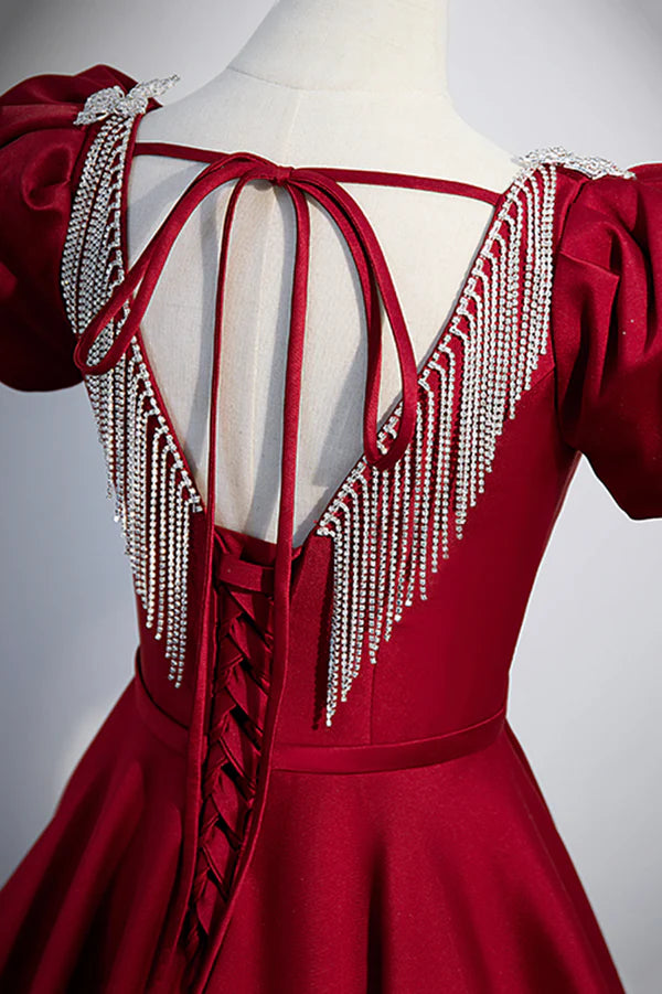 Burgundy Scoop Neckline Satin Long Prom Dress Short Sleeve Evening Dress