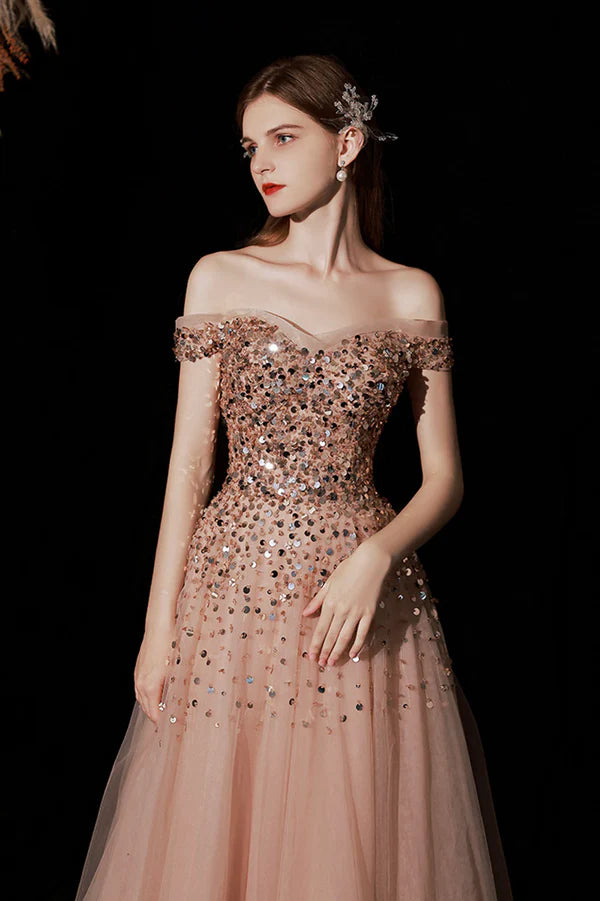 Shiny Tulle Long A-Line Prom Dress with Sequins Off the Shoulder Party Dress