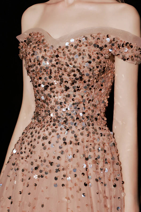 Shiny Tulle Long A-Line Prom Dress with Sequins Off the Shoulder Party Dress