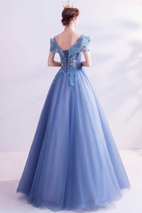 Blue Lace Off the Shoulder Prom Dress A-Line Evening Graduation Dress