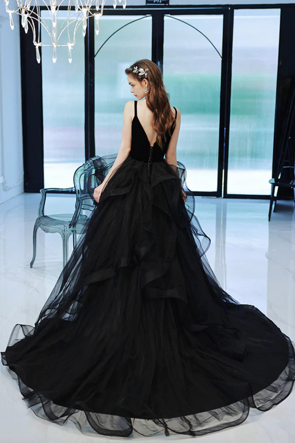 Black V-Neck Tulle Long Prom Dress Black Graduation Dress with Lace