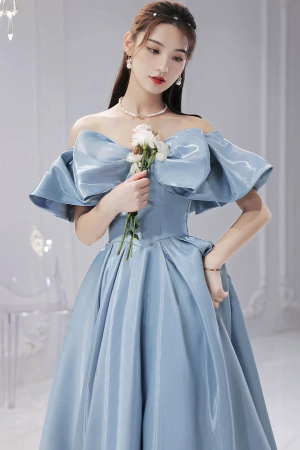 Blue Satin Long A-Line Prom Dress Off the Shoulder Evening Dress with Bow