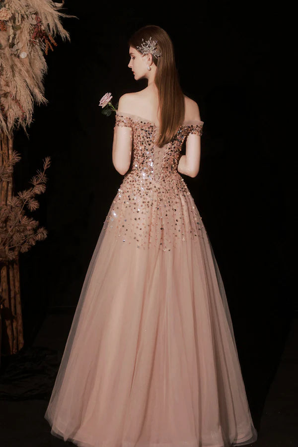 Shiny Tulle Long A-Line Prom Dress with Sequins Off the Shoulder Party Dress
