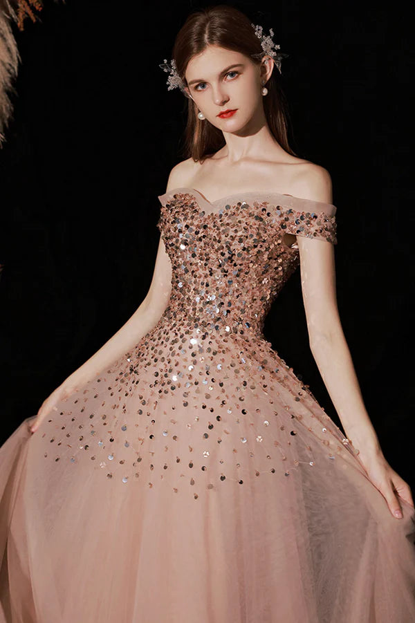Shiny Tulle Long A-Line Prom Dress with Sequins Off the Shoulder Party Dress