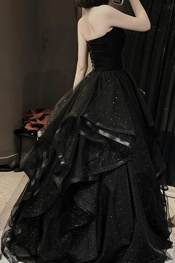 Black Tulle Layers Long A-Line Prom Dress Black Strapless Evening Dress
