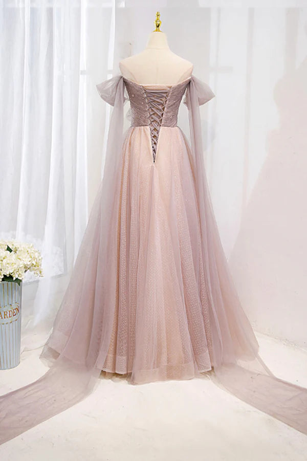 Pink Tulle Off the Shoulder Prom Dress with Beaded A-Line Formal Evening Dress