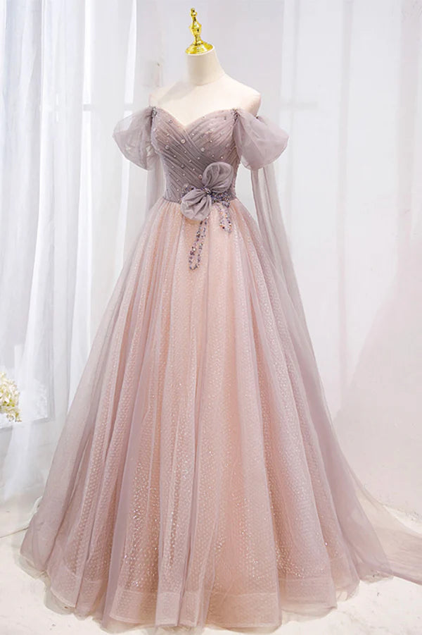 Pink Tulle Off the Shoulder Prom Dress with Beaded A-Line Formal Evening Dress