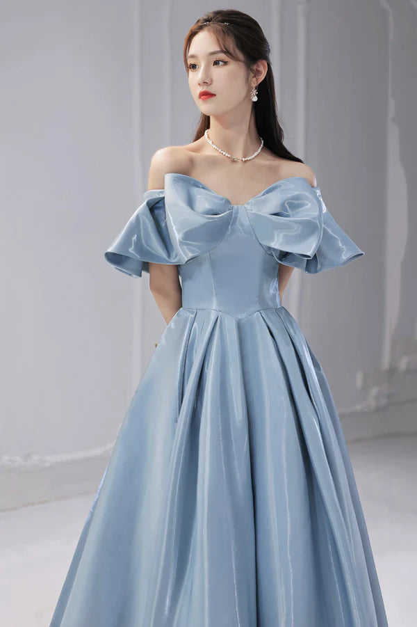 Blue Satin Long A-Line Prom Dress Off the Shoulder Evening Dress with Bow