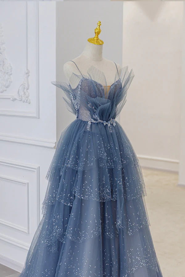 Blue Tulle Sequins Long Prom Gown Blue Spaghetti Straps Formal Evening Dress