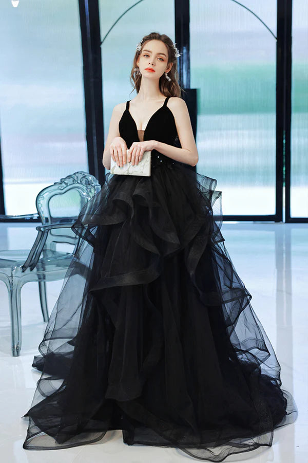 Black V-Neck Tulle Long Prom Dress Black Graduation Dress with Lace