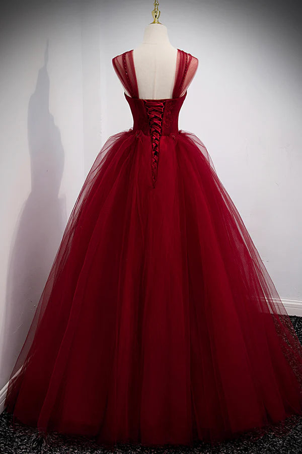 Burgundy Tulle Long A-Line Evening Dress Off the Shoulder Formal Party Dress