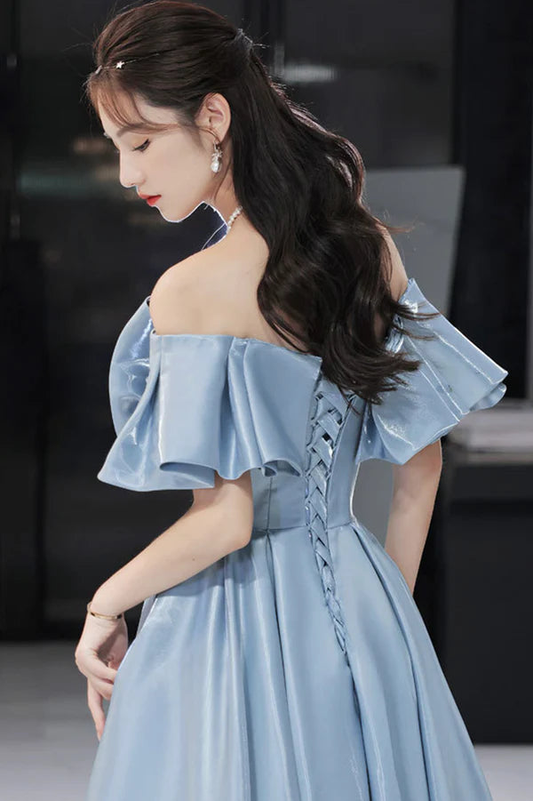 Blue Satin Long A-Line Prom Dress Off the Shoulder Evening Dress with Bow