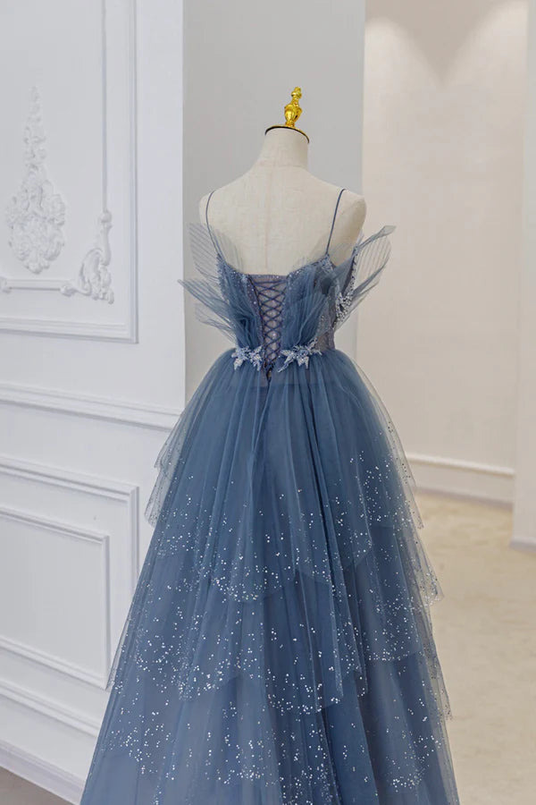 Blue Tulle Sequins Long Prom Gown Blue Spaghetti Straps Formal Evening Dress