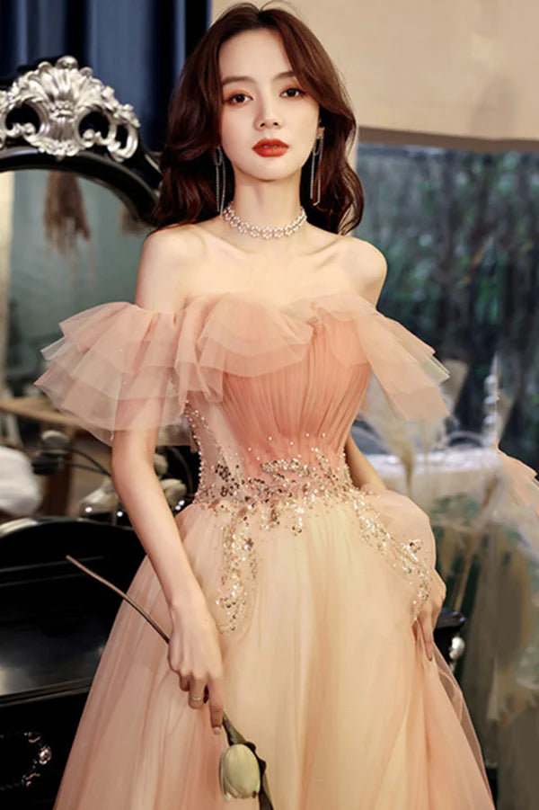 Pink Tulle Long A-Line Prom Dress with Sequins Off the Shoulder Evening Party Dress