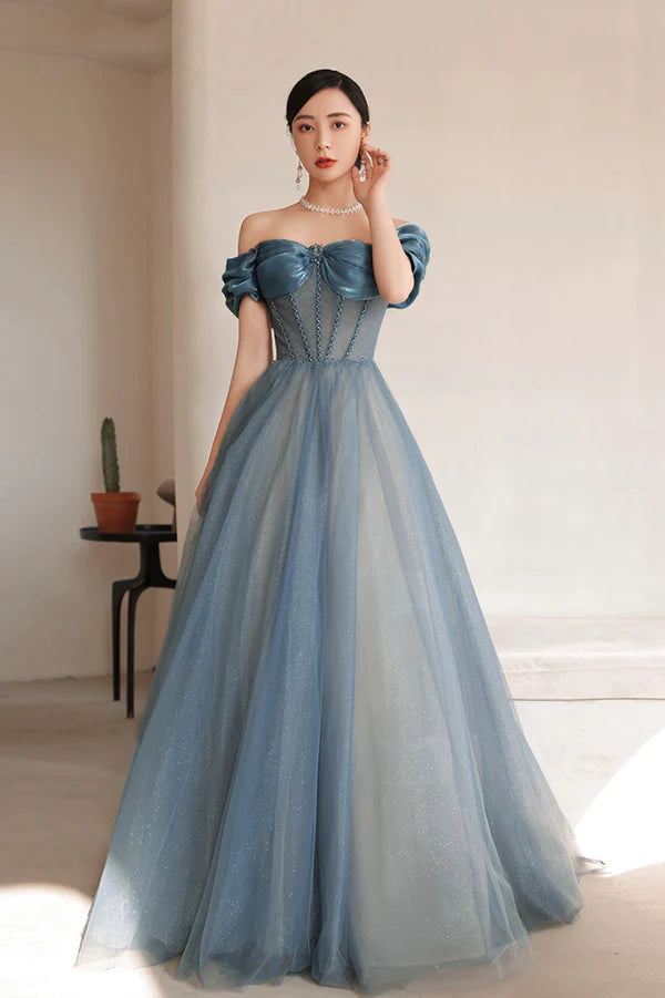 Blue Tulle Long A-Line Prom Dress Elegant Off the Shoulder Formal Evening Dress