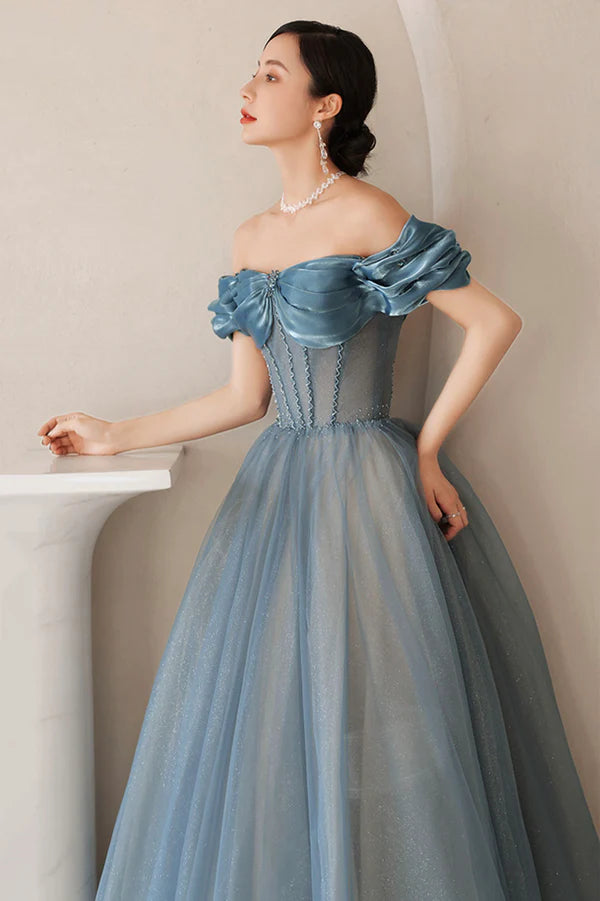 Blue Tulle Long A-Line Prom Dress Elegant Off the Shoulder Formal Evening Dress