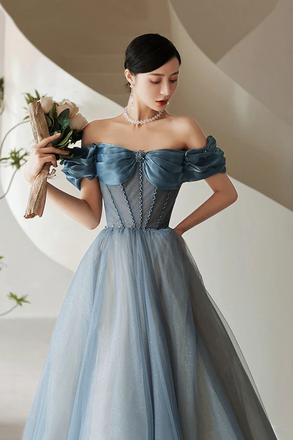 Blue Tulle Long A-Line Prom Dress Elegant Off the Shoulder Formal Evening Dress