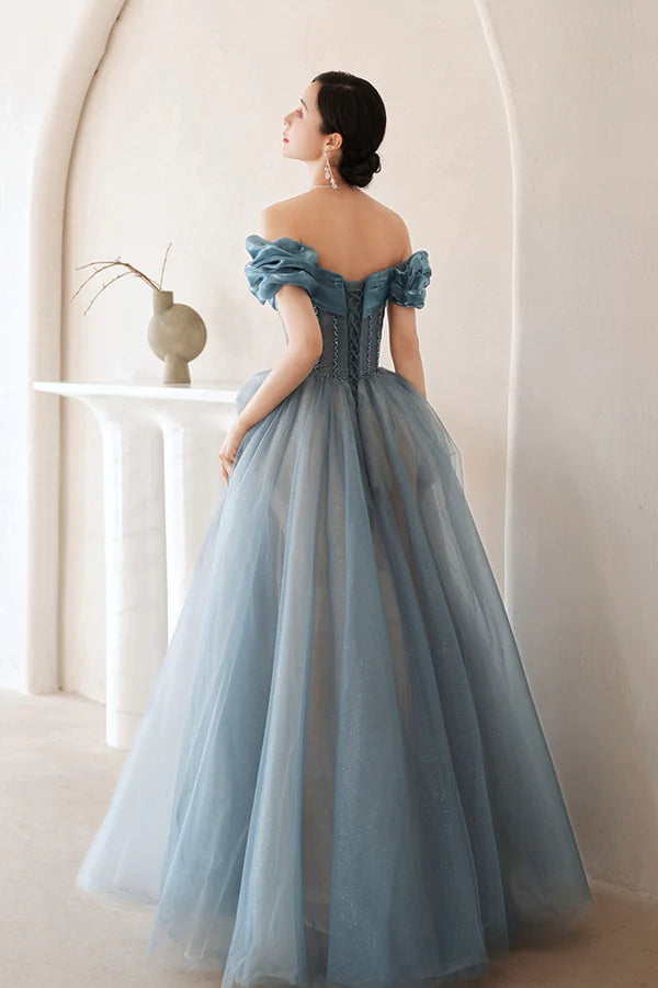 Blue Tulle Long A-Line Prom Dress Elegant Off the Shoulder Formal Evening Dress