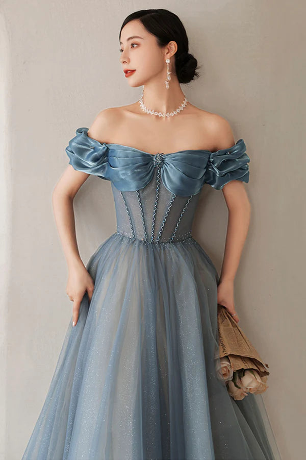 Blue Tulle Long A-Line Prom Dress Elegant Off the Shoulder Formal Evening Dress