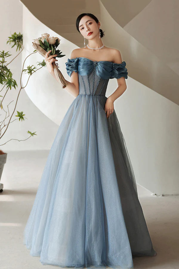 Blue Tulle Long A-Line Prom Dress Elegant Off the Shoulder Formal Evening Dress