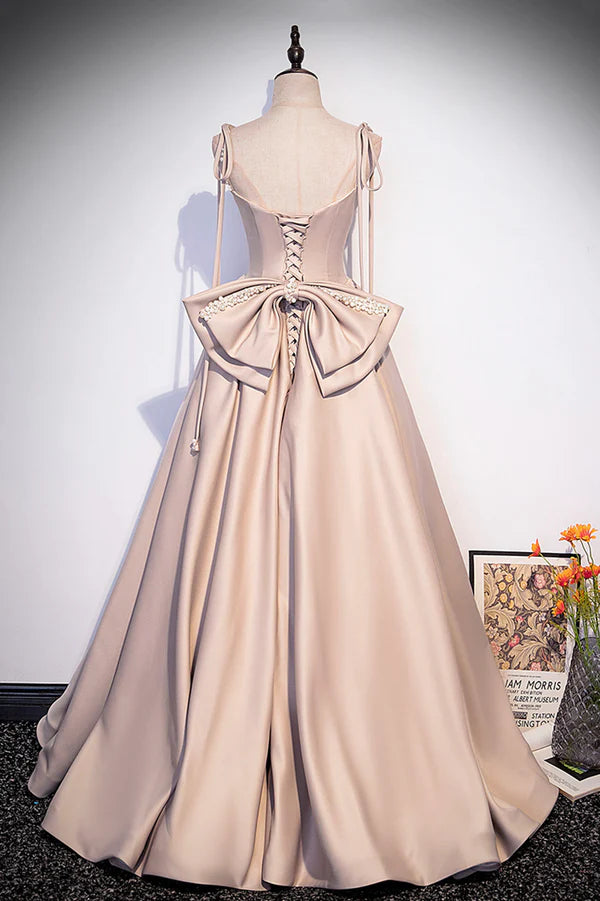 Pink Satin Long A-Line Prom Dress Cute Spaghetti Strap Evening Dress with Bow