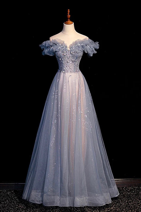 High Quality Tulle Long Prom Dress with Beaded A-Line Evening Party Dress