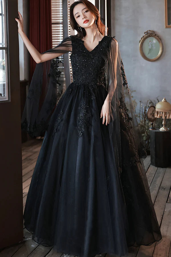 Black V-Neck Lace Long Prom Dress Black A-Line Evening Party Dress