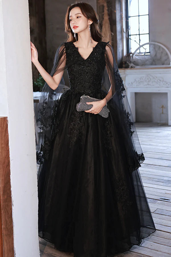 Black V-Neck Lace Long Prom Dress Black A-Line Evening Party Dress
