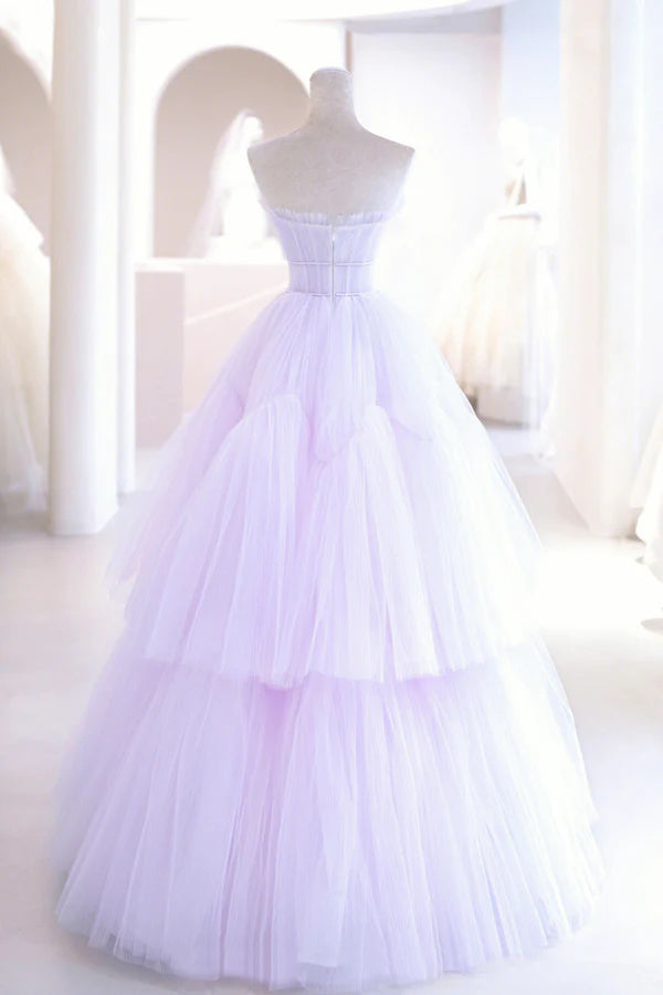 Purple Tulle Long A-Line Prom Dress A-Line Strapless Evening Gown