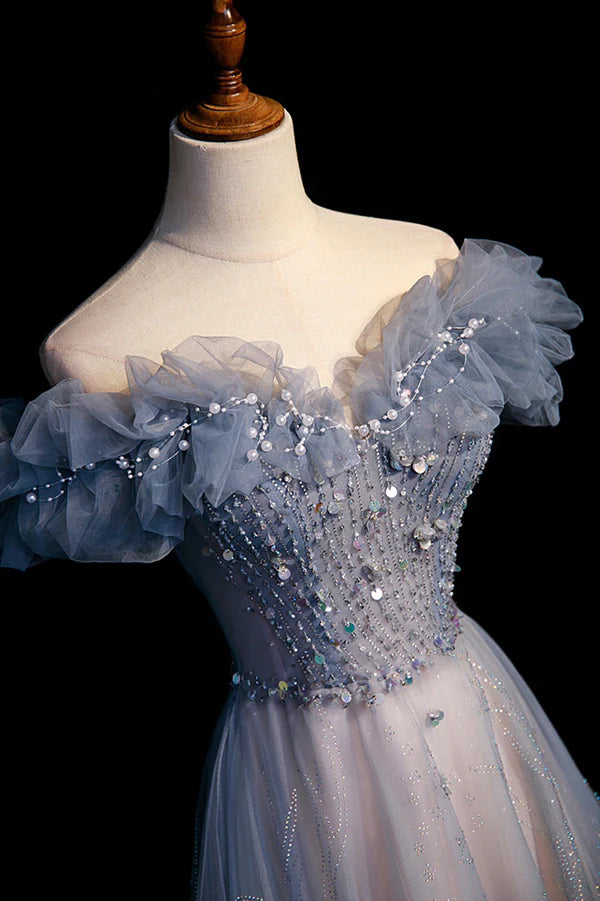 High Quality Tulle Long Prom Dress with Beaded A-Line Evening Party Dress