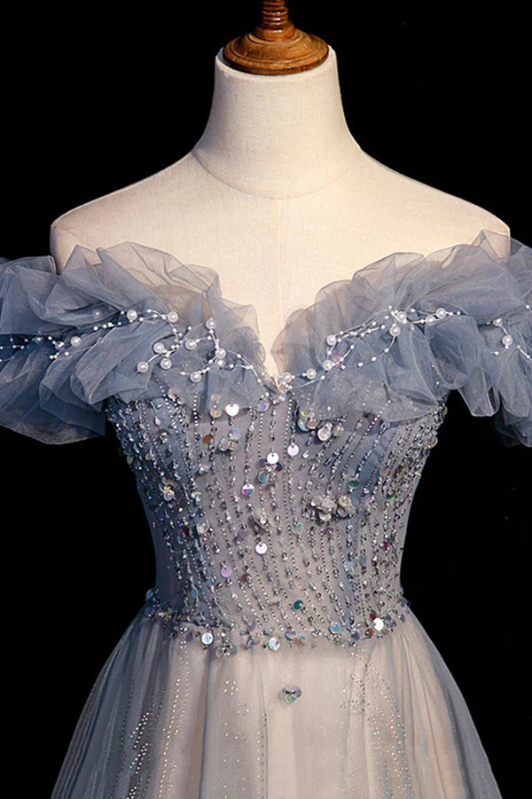 High Quality Tulle Long Prom Dress with Beaded A-Line Evening Party Dress