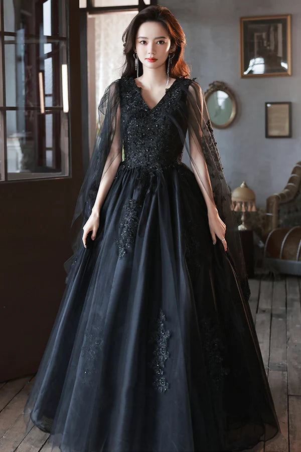 Black V-Neck Lace Long Prom Dress Black A-Line Evening Party Dress
