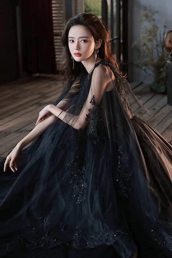 Black V-Neck Lace Long Prom Dress Black A-Line Evening Party Dress
