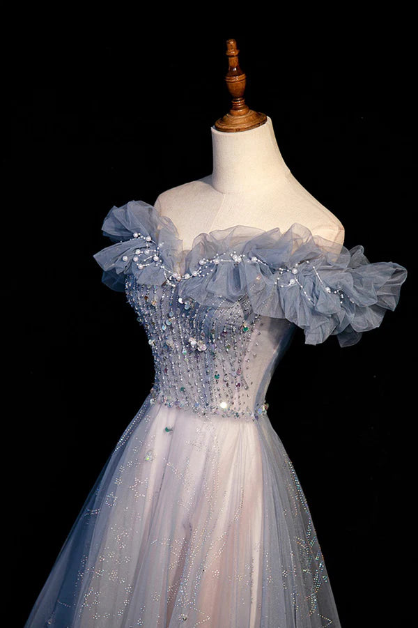 High Quality Tulle Long Prom Dress with Beaded A-Line Evening Party Dress