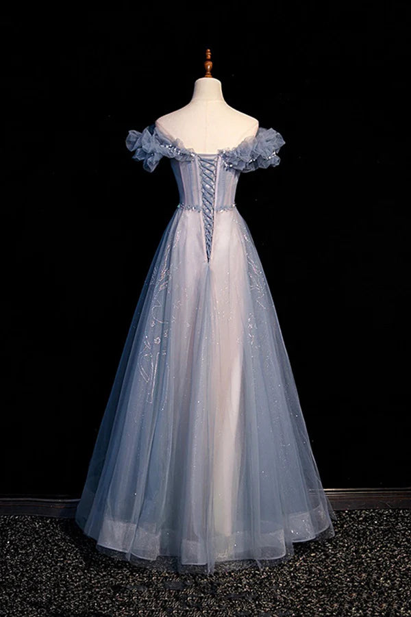 High Quality Tulle Long Prom Dress with Beaded A-Line Evening Party Dress